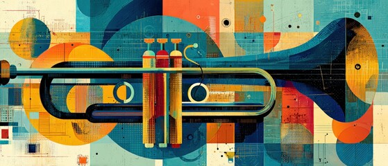Wall Mural - abstract geometric trumpet art in vibrant colors, a modern musical instrument illustration with retr