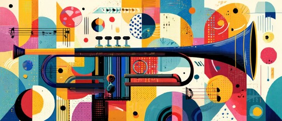 Wall Mural - vibrant trumpet illustration with abstract geometric shapes and musical notes in a colorful collage 