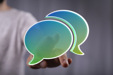 Aufkleber - Abstract image of person interacting with digital speech bubbles.  Perfect for communication, collaboration, and conversation concepts.