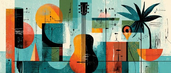 Wall Mural - vibrant midcentury modern abstract art featuring guitar, palm tree, and musical notes in a colorful 