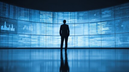 Wall Mural - corporate analyst standing beside screen with financial overview.
