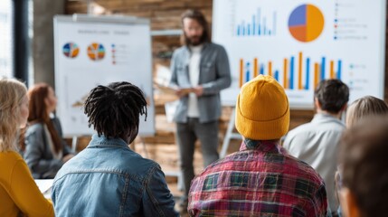 Wall Mural - diverse workforce participates in results briefing with charts.