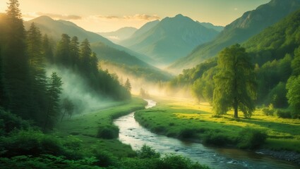Wall Mural - a mountain valley during the early morning light. natural summer scenery in its untouched state.