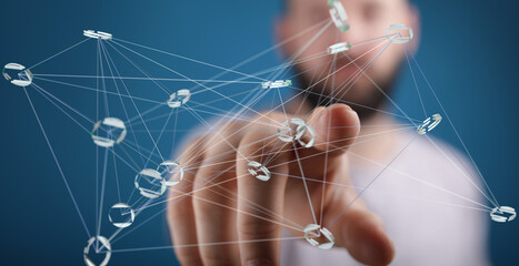 Poster - Abstract image of a man's hand interacting with a digital network connection hologram.