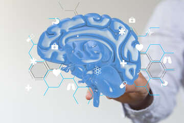 Aufkleber - High-quality stock photo of a 3D human brain model with various medical icons surrounding it.