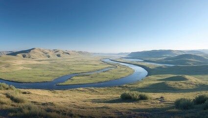 Aufkleber - A winding river travels across verdant plains beneath an expansive blue sky with soft clouds, casting mild shadows on the rolling hills in the distance.