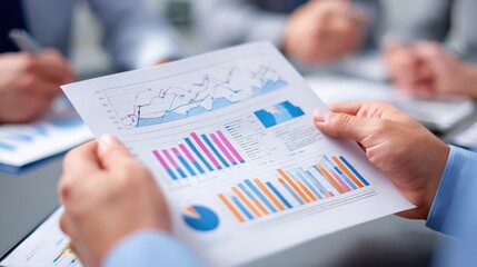 Wall Mural - hands holding financial report with line graphs and bar charts in business meeting.