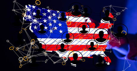 Aufkleber - US map with network connections, showing digital relationships and community.
