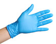 © TransPicHub - A hand wearing a blue disposable medical glove is shown with fingers spread against a black background.