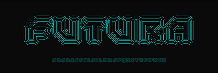 Poster - Cyber wireframe alphabet, outlined techno letters, futuristic stripe font for AI branding, sci-fi headline style, circuit-based typography, digital tech design. Vector typeset.