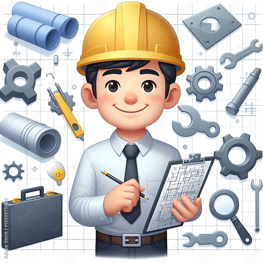 Cute Cartoon Engineer Boy with Gear Background – Engineers Day for Kids  Stock Illustration | Adobe Stock, image size:1000x1000