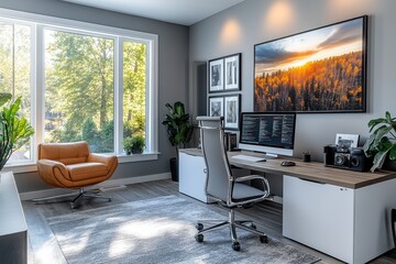 Aufkleber - Modern open office workspace with computers, natural light, and plants during the day in California