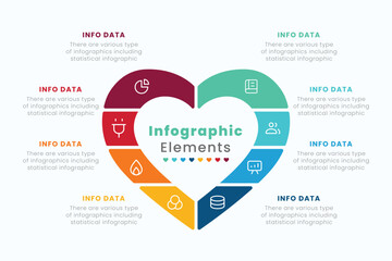 business infographic template with a heart divided into 8 features of a healthcare program, medical 