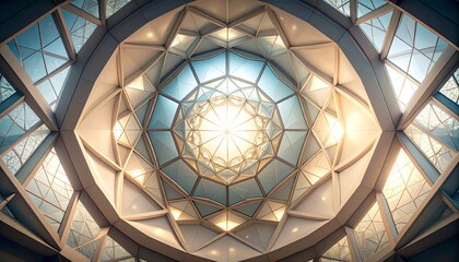 Illustration, Dome-like structure with a geometric honeycomb pattern under soft lighting