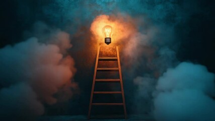 Poster - Ladder leading to glowing light bulb surrounded by mist in a dark room