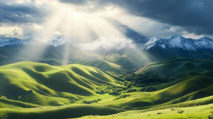 Wall Mural - Sun rays illuminating lush green valley with snowy mountains backdrop