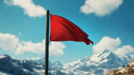 Wall Mural - Red flag waving on a pole against snowy mountains under a blue sky, nature landscape