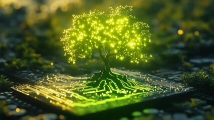 Poster - Glowing tree on a circuit board representing technology and nature harmony