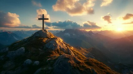 Wall Mural - Sunset over mountain landscape with cross on peak conveying serenity
