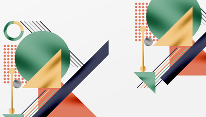 Fototapete - Abstract geometric composition. Circles, triangles, lines create modern design. Warm, cool colors contrast, offering visual interest.