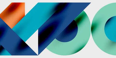Fototapete - Abstract graphic design features overlapping shapes, vibrant blues, turquoise, orange hues. Modern aesthetic, clean lines, minimalist composition.