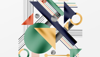 Fototapete - Abstract geometric composition. Shapes overlap, creating dynamic visual interest. Colors include green, blue, orange, gray. Lines suggest movement.