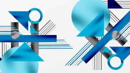 Fototapete - Abstract geometric composition. Blue shapes overlap, creating dynamic visual effect. Lines, circles, triangles dominate design. Minimalist aesthetic.
