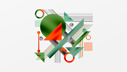 Fototapete - Abstract geometric composition. Shapes overlap, creating dynamic visual interest. Lines, circles, triangles dominate design. Colors include green, orange, gray.