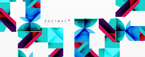 Fototapete - Geometric shapes create vibrant, modern design. Blue, purple, teal dominate composition. Minimalist aesthetic, clean lines present.