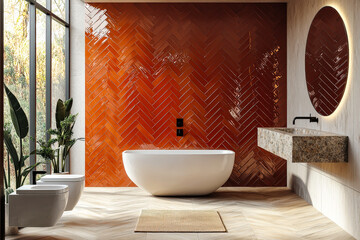 Poster - A stylish bathroom showcases an orange herringbone wall, a contemporary freestanding tub, and elegant fixtures with plants and natural light