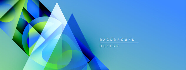 Fototapete - Abstract geometric shapes overlap, creating vibrant blue, green gradients. Background features text background design. Modern, clean aesthetic.