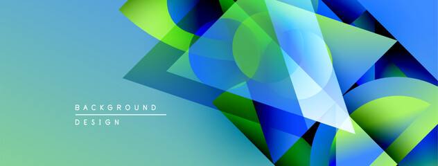 Aufkleber - Abstract geometric shapes overlap, creating vibrant blue, green gradients. Design features text elements background, design. Modern aesthetic.