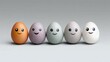 © Nataliia_Trushchenko - Colorful cartoon-style eggs with smiling faces arranged in a row on a soft gray background, showcasing playful expressions and vibrant colors, ideal for festive themes and creative projects