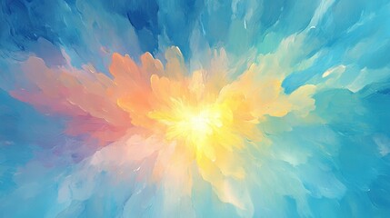 Wall Mural - a vibrant abstract painting featuring a burst of warm yellow and orange hues blending into cool blue