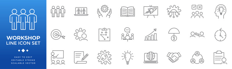 line icon set for workshops including team collaboration, education, strategy, planning, growth, inn