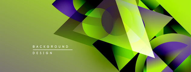 Poster - Abstract geometric shapes overlap, creating vibrant green, purple gradients. Modern background design with dynamic visual effect.