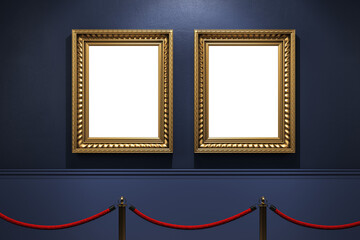 Aufkleber - Two empty gold classic frames on a dark blue wall background with red velvet ropes, concept of gallery exhibition or artwork mockup display. 3D Rendering