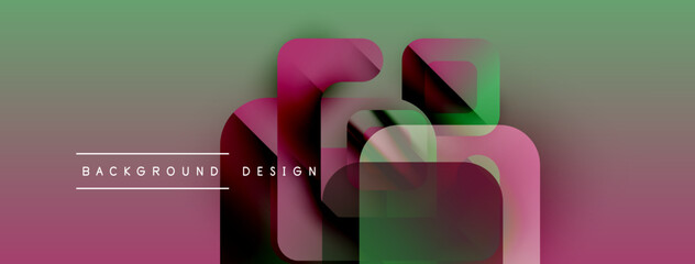 Fototapete - Abstract geometric shapes overlap, creating layered visual effect. Pink, green hues dominate composition. Text reads background design.