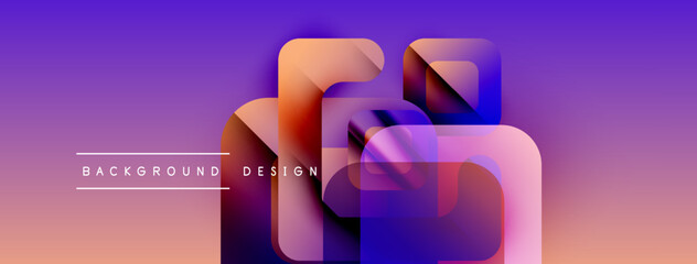 Poster - Abstract geometric shapes overlap, creating vibrant purple, blue, orange gradient. Text reads background design. Modern visual composition.
