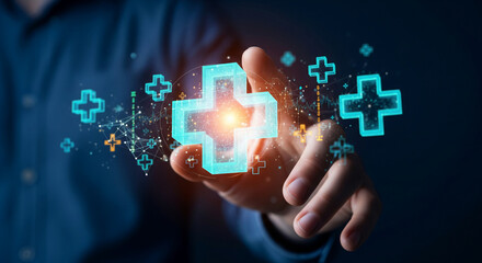 Hand interacts with glowing cyan 3D plus symbols, representing digital healthcare, technology, and medical innovation