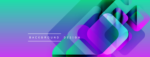 Poster - Abstract gradient background features overlapping squares. Vibrant colors blend from purple, turquoise, to green. Modern design element.