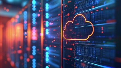 Fototapete - Orange glowing cloud icon over vibrant data server racks with bokeh lighting effects, symbolizing cloud computing, digital network storage, and advanced tech infrastructure