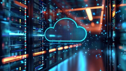 Fototapete - Blue digital cloud icon formed by glowing particles in a futuristic data center, symbolizing cloud technology, digital storage, and high-performance computing systems
