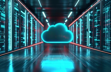 Fototapete - Futuristic glowing cloud icon floating in a high-tech server room, representing cloud computing, digital infrastructure, and modern data center technology applications