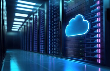 Fototapete - Blue neon cloud symbol integrated into a modern server rack in a data center hallway, representing cloud storage, network infrastructure, and digital computing solutions