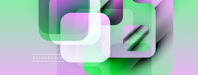 Poster - Abstract geometric shapes overlap creating vibrant, modern background. Soft gradients blend purple, green hues. Minimalist design.