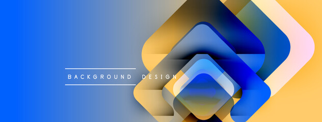Poster - Abstract geometric shapes overlap, creating layered effect. Blue, yellow gradients dominate design. Text reads background design. Modern, vibrant composition.