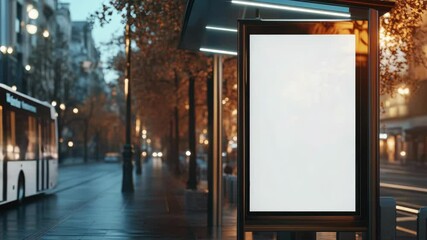 City night scene featuring a digital billboard at a public transit stop with modern urban design elements. The screen is blank, indicating it's not in use or displaying an error.