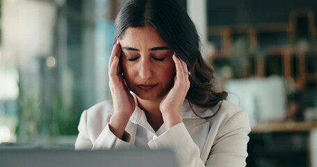 Poster - Business, laptop and woman with headache of stress in office for workload, pressure and burnout. Corporate, professional and tension migraine for brain fog, massage temples or overwhelmed by deadline