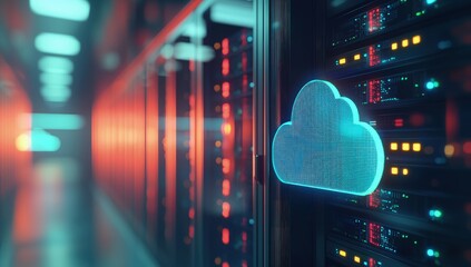 Fototapete - Glowing cyan cloud icon on futuristic server racks with vibrant lighting, symbolizing cloud storage, secure networking, and digital infrastructure for modern tech environments